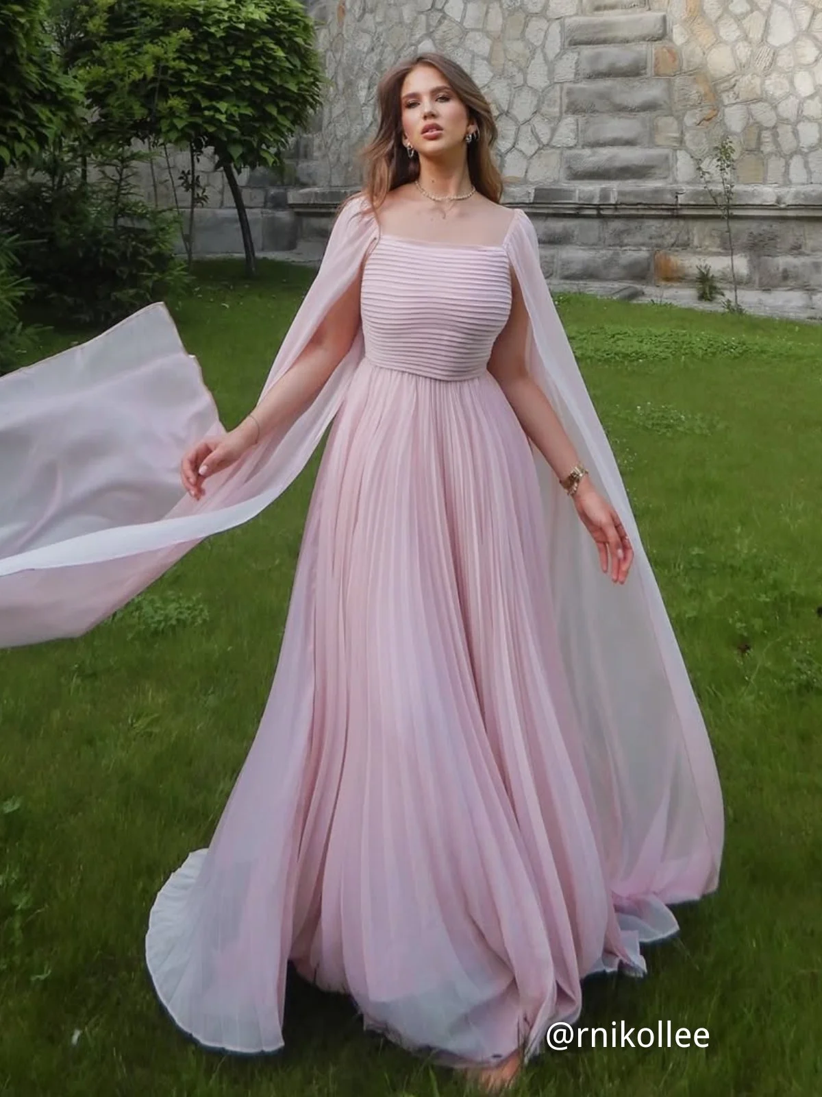 Yellow Pleated Chiffon Dress Square Neck Long Sleeve A-Line Gown