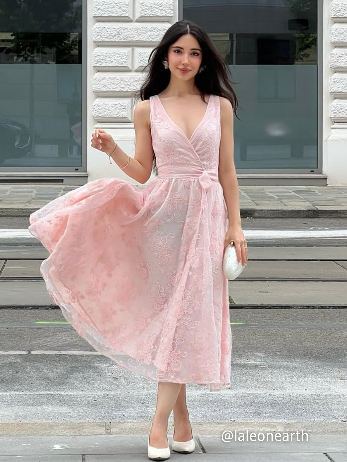 Light Pink Embroidered V Neck Sleeveless A-Line Midi Dress