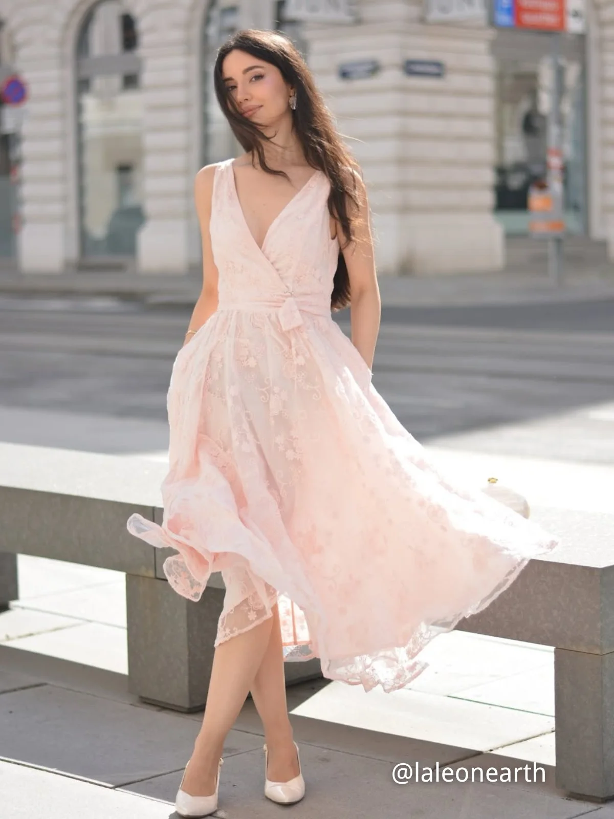 Light Pink Embroidered V Neck Sleeveless A-Line Midi Dress