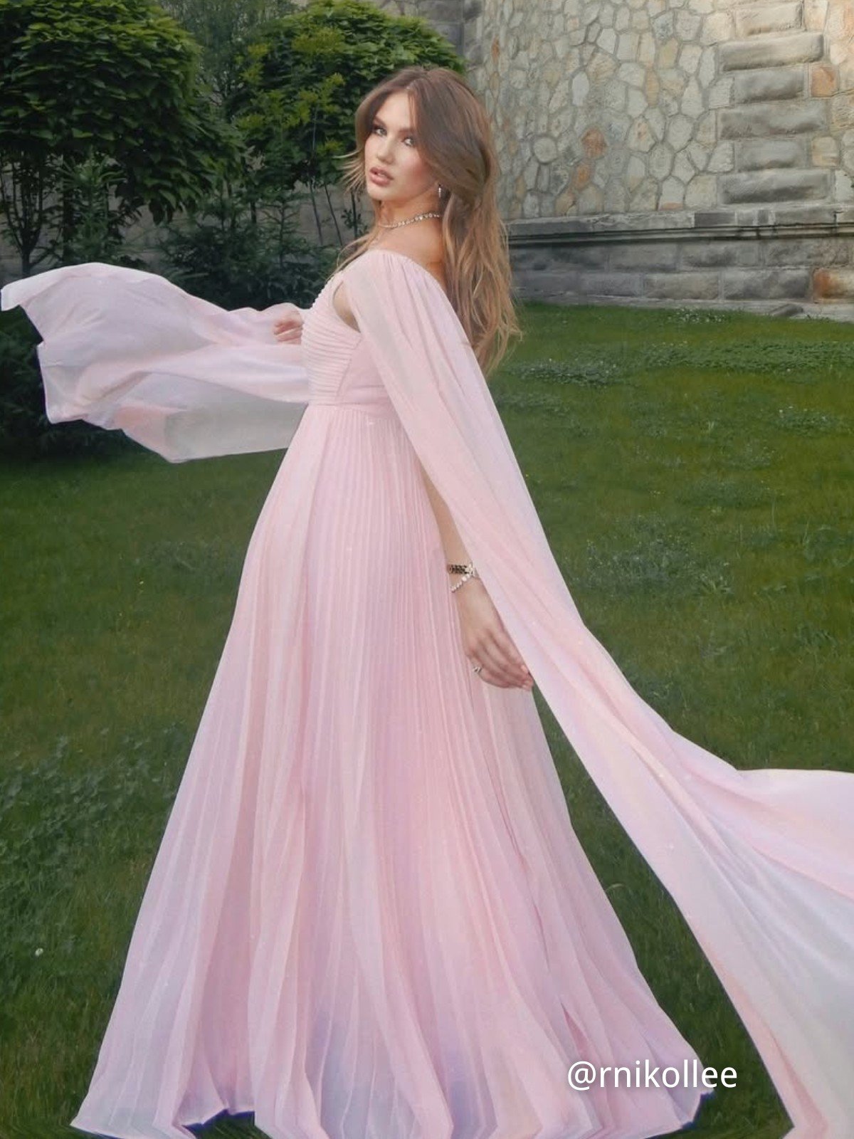 Yellow Pleated Chiffon Dress Square Neck Long Sleeve A-Line Gown