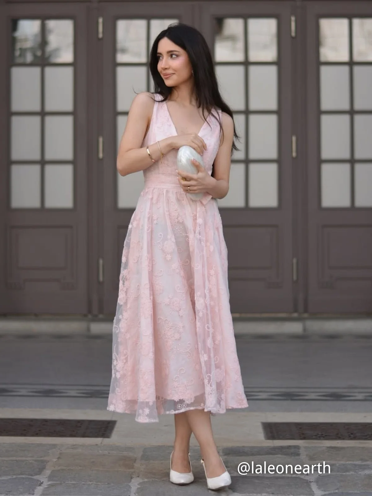 Light Pink Embroidered V Neck Sleeveless A-Line Midi Dress