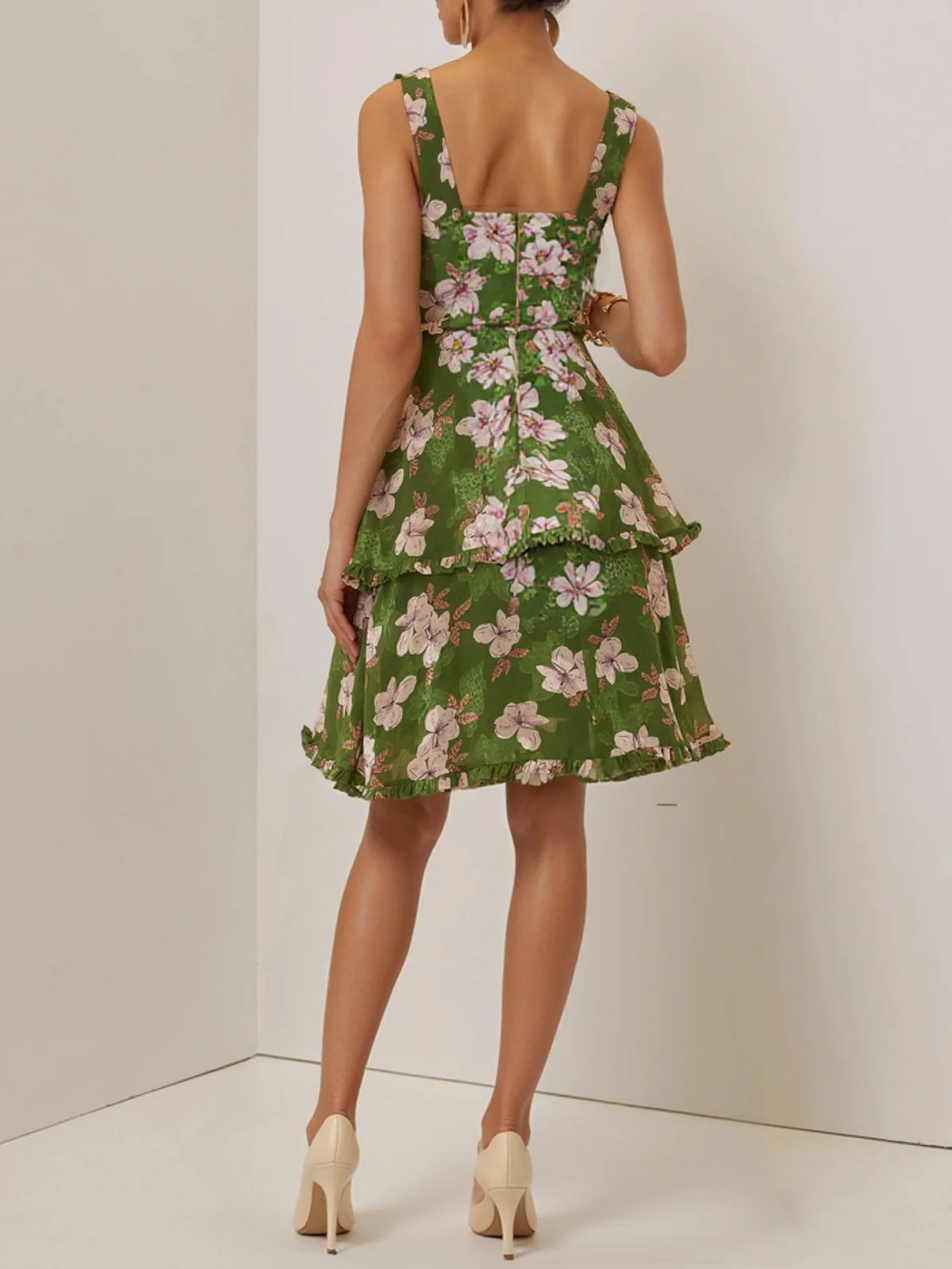 Green Jacquard Tiered Classic Spaghetti Sleeveless A-Line Midi Dress