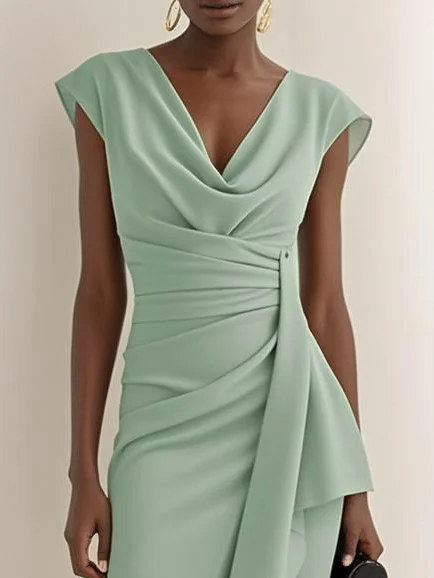 Green Cowl Neck Ruched Cap Sleeve Sheath Midi Dress