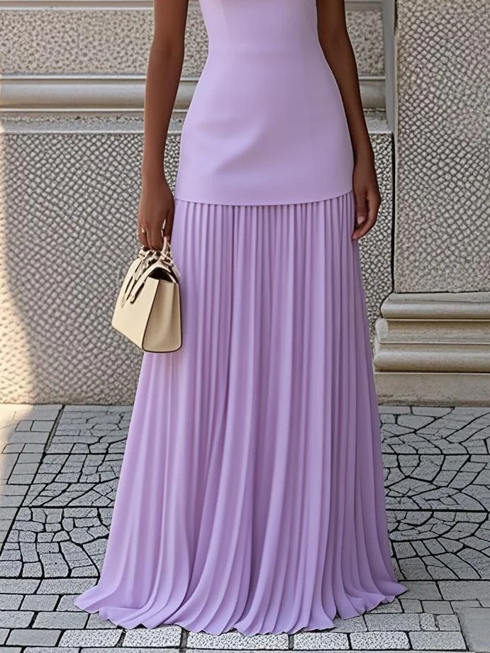 Off White Pleated Classic Boat Neck Sleeveless A-Line Maxi Dress