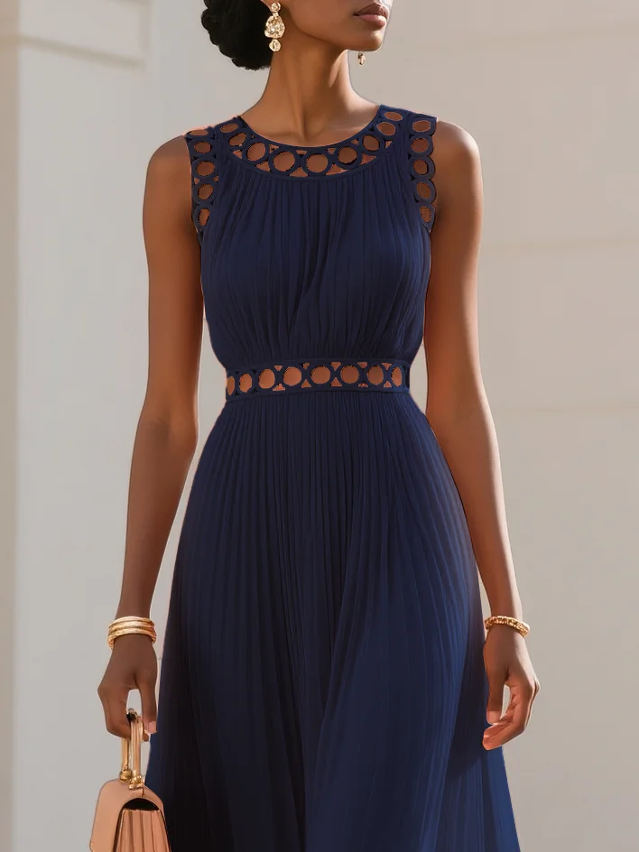 Orange Hollow Out Pleated Chiffon Crew Neck Sleeveless A-Line Maxi Dress