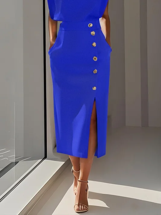 Off White Button Slit Crew Neck Sheath Midi Dress