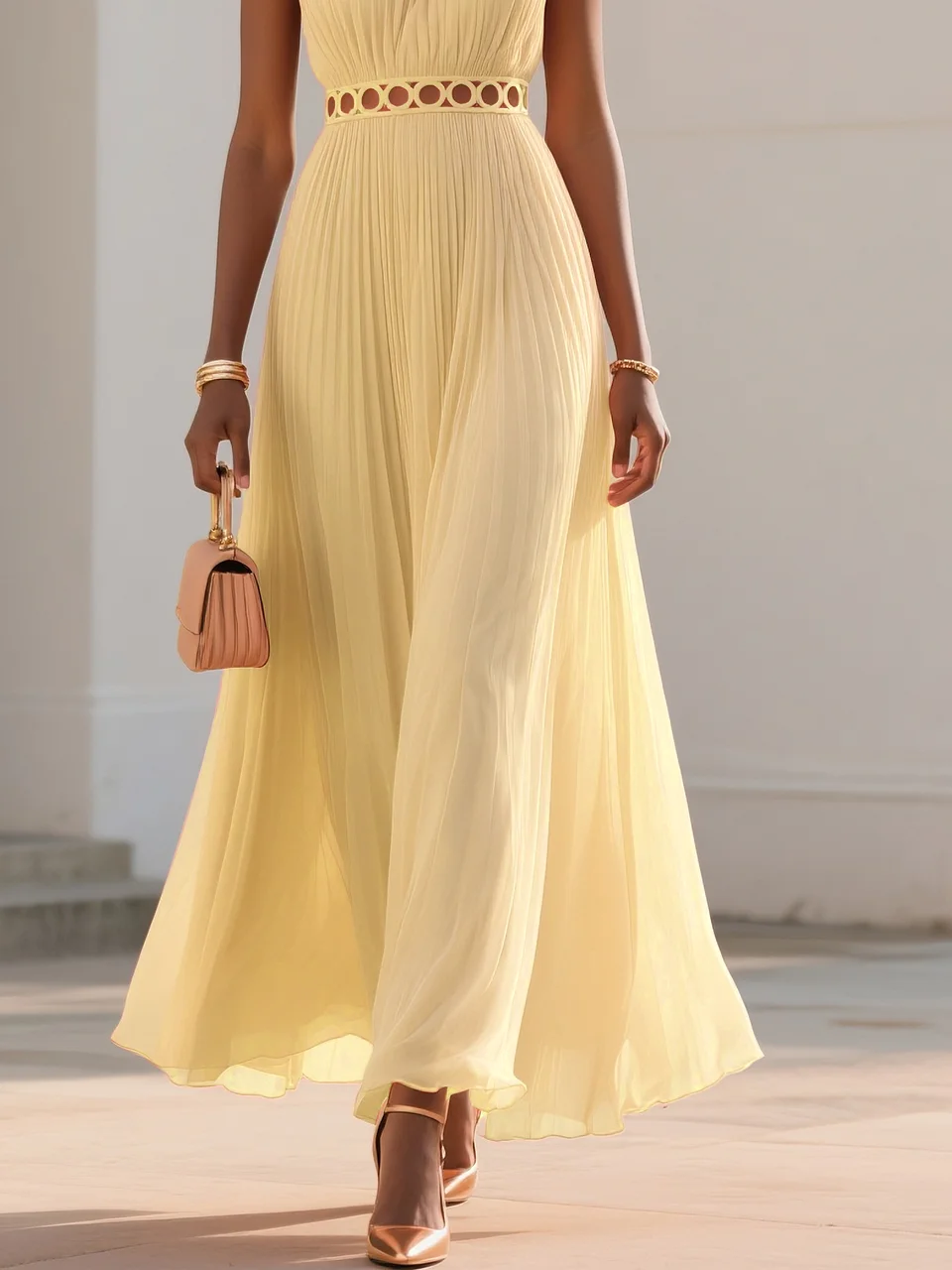 Orange Lace Pleated Chiffon Crew Neck Sleeveless A-Line Maxi Dress