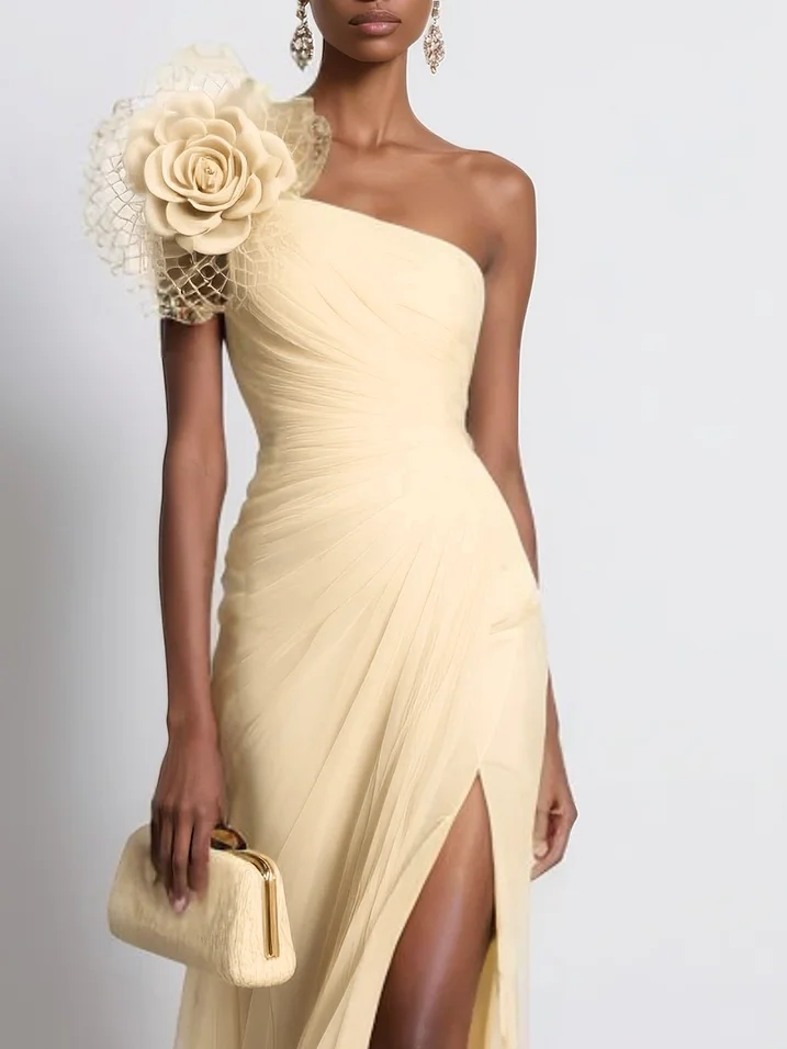 Pink Chiffon 3D Floral Ruched Slit One Shoulder Sleeveless Sheath Gown Dress