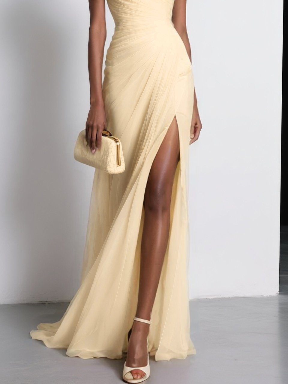 Pink Chiffon 3D Floral Ruched Slit One Shoulder Sleeveless Sheath Gown Dress
