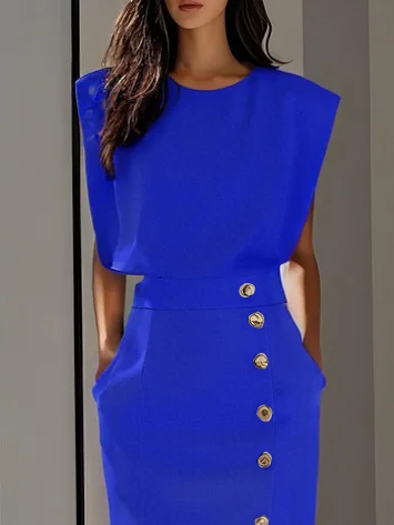 Off White Button Slit Crew Neck Sheath Midi Dress