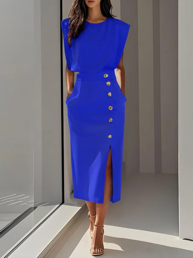 Off White Button Slit Crew Neck Sheath Midi Dress