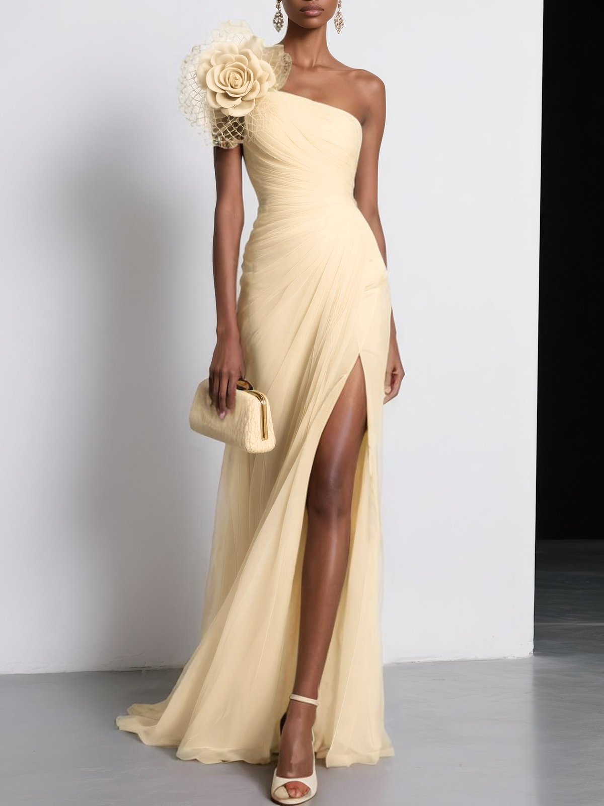 Pink Chiffon 3D Floral Ruched Slit One Shoulder Sleeveless Sheath Gown Dress