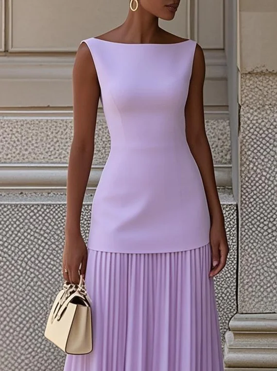 Off White Pleated Classic Boat Neck Sleeveless A-Line Maxi Dress