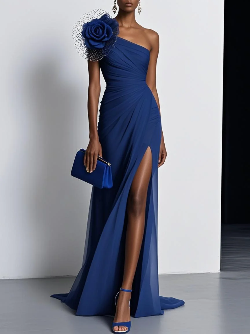 Pink Chiffon 3D Floral Slit  One Shoulder Sleeveless Sheath Gown Dress