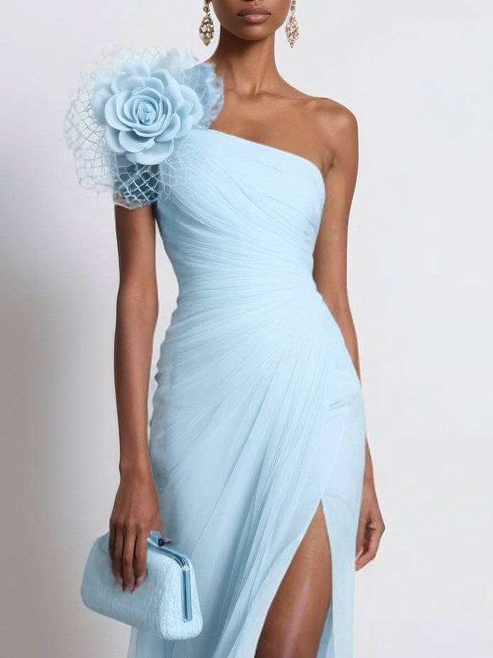 Pink Chiffon 3D Floral Slit  One Shoulder Sleeveless Sheath Gown Dress