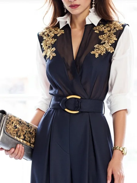 Women Purplish blue Applique Metal Shawl Collar Half Sleeve Regular Sleeve Urban Jumpsuit