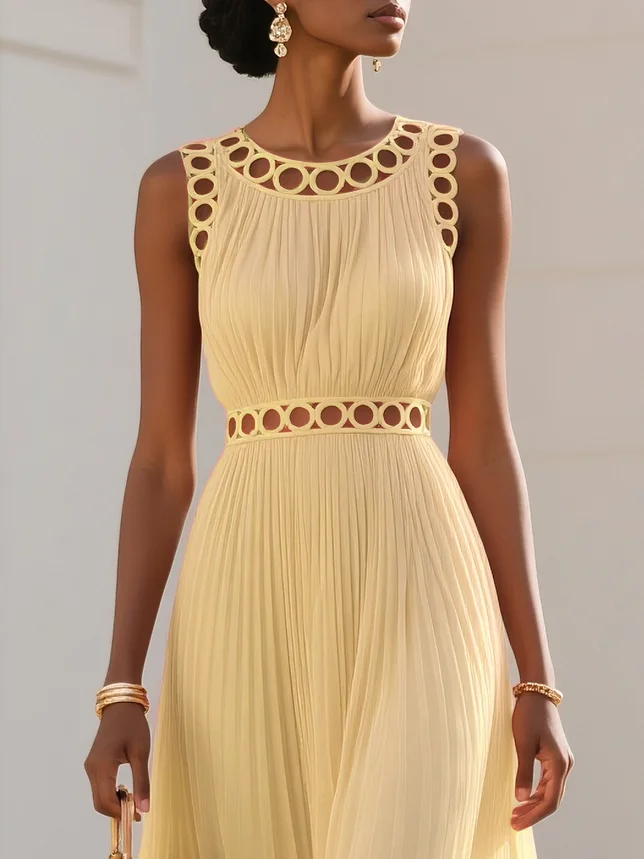 Orange Lace Pleated Chiffon Crew Neck Sleeveless A-Line Maxi Dress