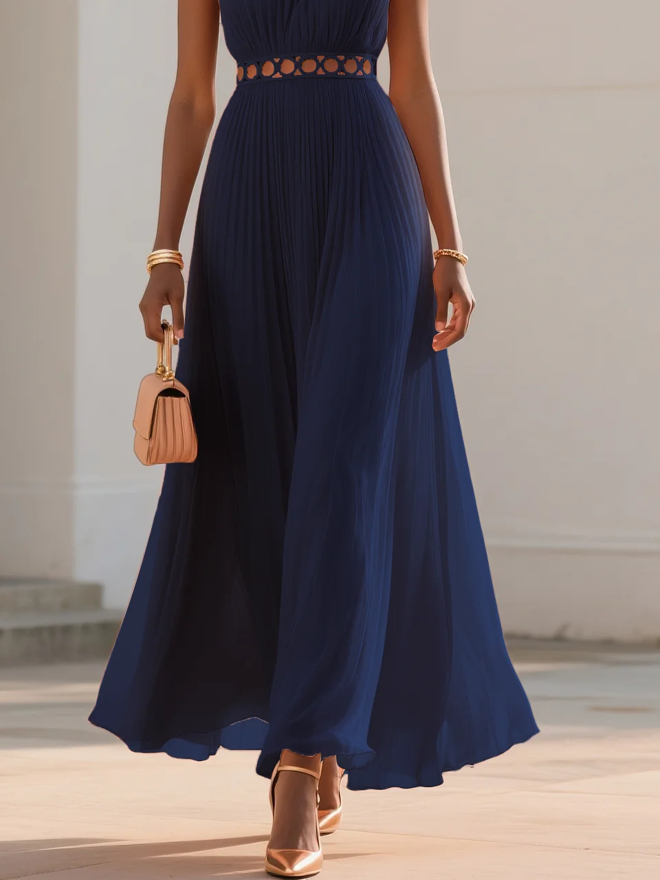 Orange Hollow Out Pleated Chiffon Crew Neck Sleeveless A-Line Maxi Dress