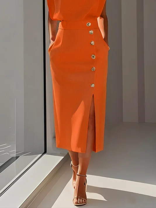 Off White Button Slit Crew Neck Sheath Midi Dress