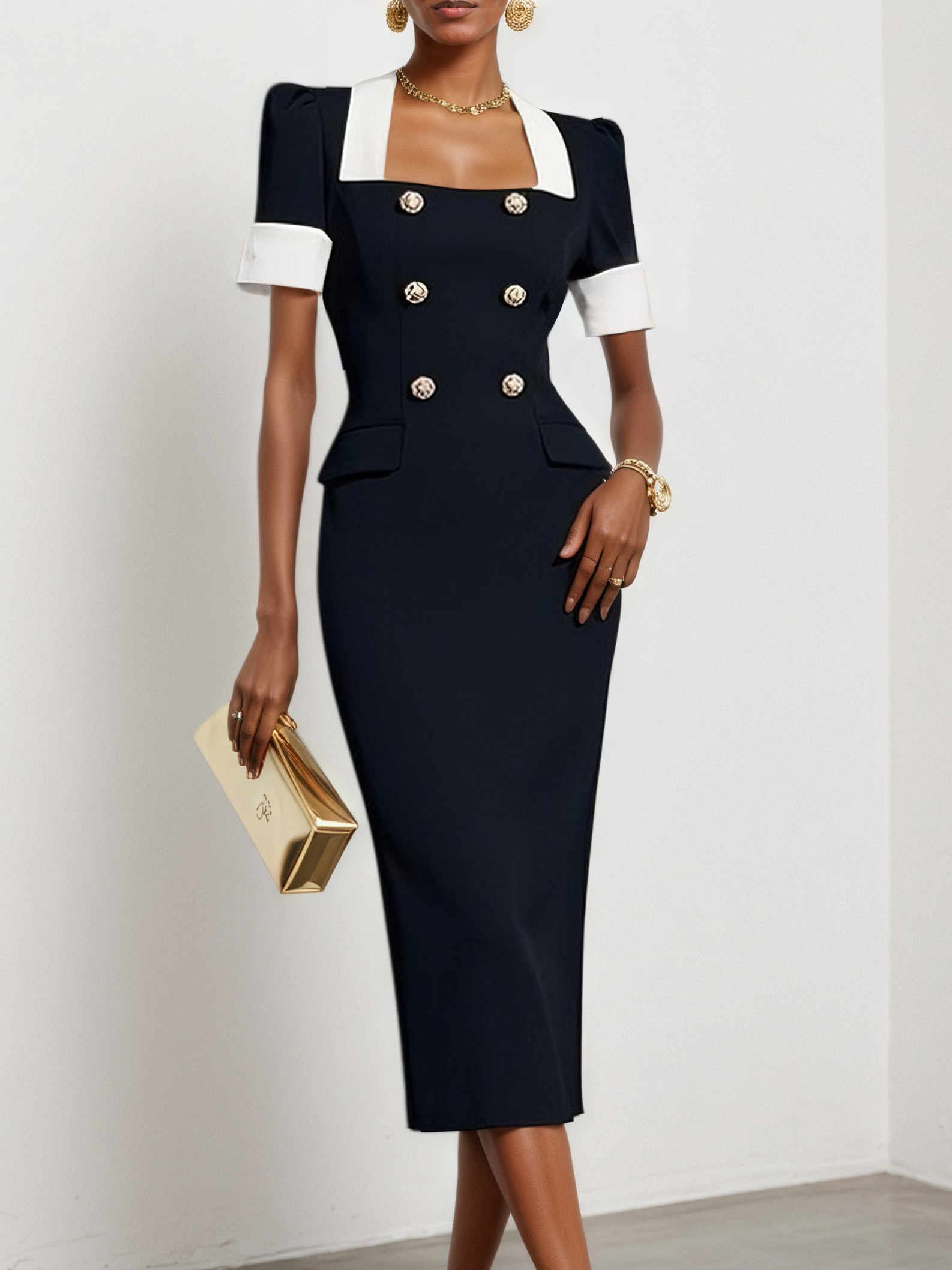 Black Buckle Blazer Square Neck Short Sleeve Sheath Midi Dress