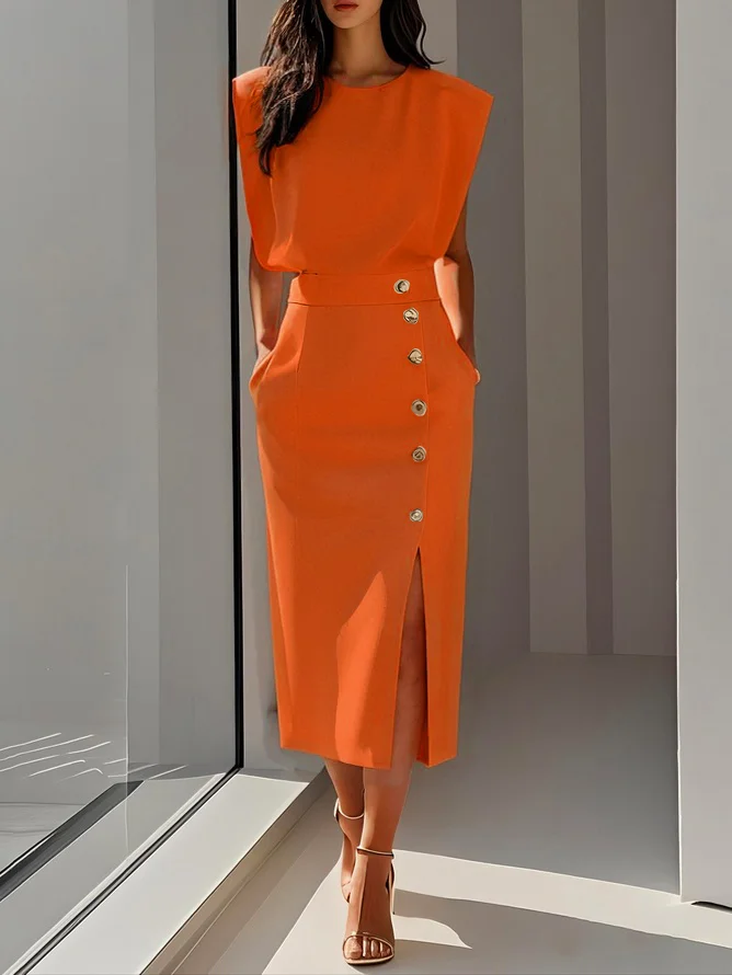 Off White Button Slit Crew Neck Sheath Midi Dress