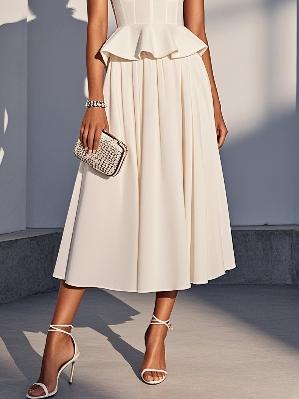 White Ruffled Peplum Crew Neck Sleeveless Bell Sleeve A-Line Midi Dress