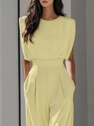 Off White Crew Neck Plain Ruched Urban Jumpsuit 