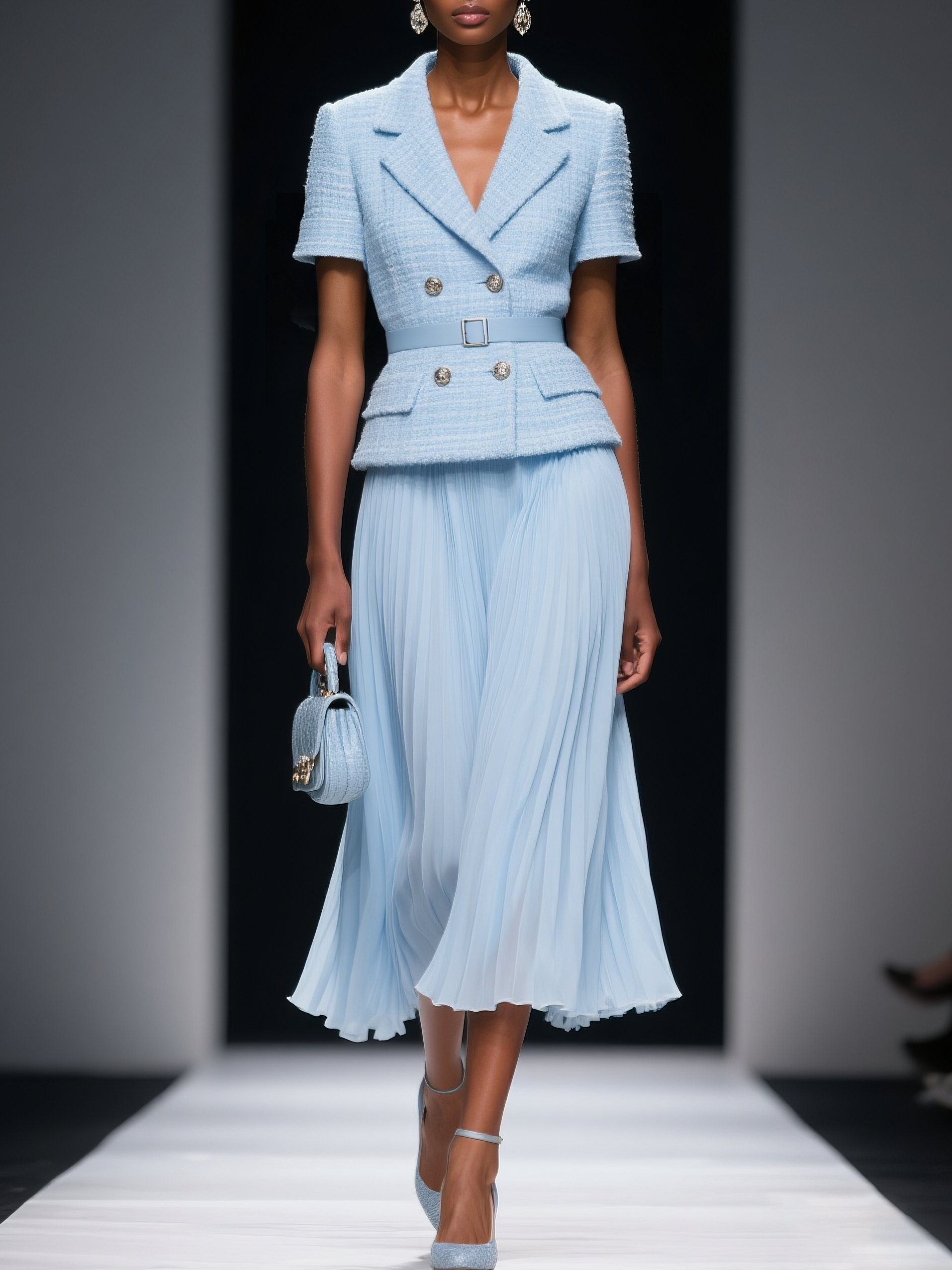 Women Light Blue Pleated Buckle Lapel Collar Short Sleeve Urban Top With Skirt Two-Piece Set