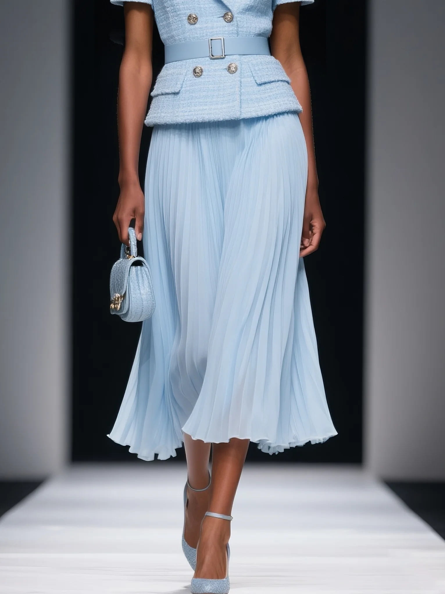 Women Light Blue Pleated Buckle Lapel Collar Short Sleeve Urban Top With Skirt Two-Piece Set
