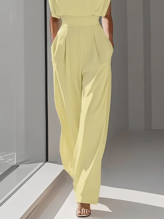 Off White Crew Neck Plain Ruched Urban Jumpsuit 