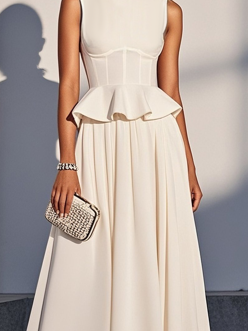 White Ruffled Peplum Crew Neck Sleeveless Bell Sleeve A-Line Midi Dress