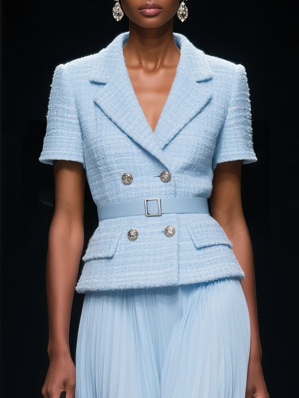 Women Light Blue Pleated Buckle Lapel Collar Short Sleeve Urban Top With Skirt Two-Piece Set