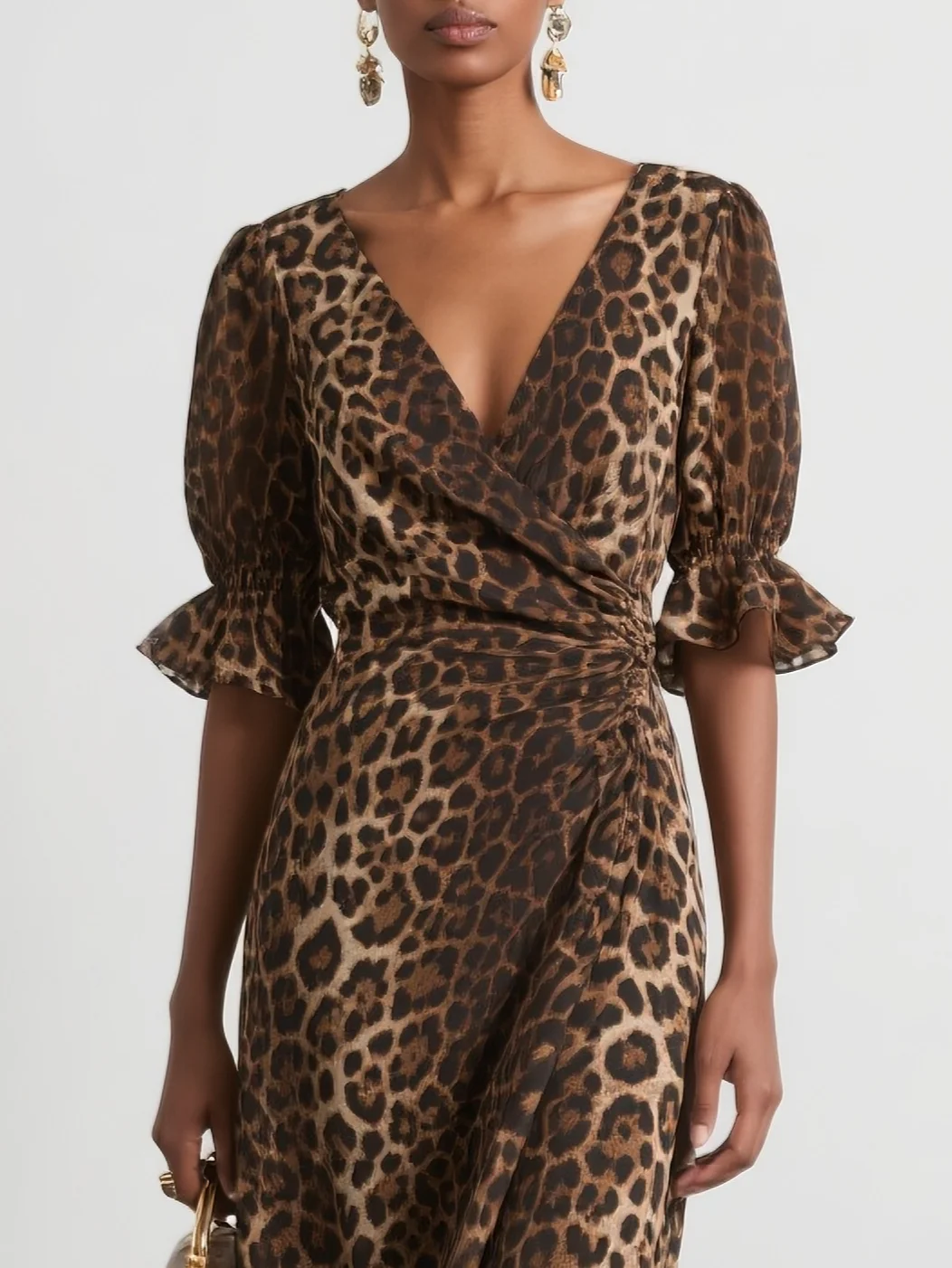 Leopard Ruched Wrap Dress V Neck Half Sleeve Bell Sleeve Sheath Midi Dress