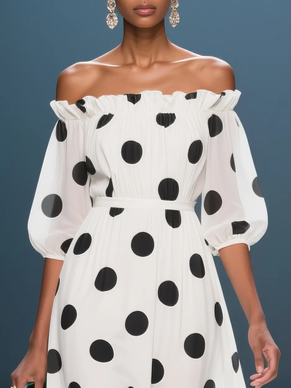 White Ruffled Chiffon Off The Shoulder Half Sleeve Balloon Sleeve A-Line Midi Dress