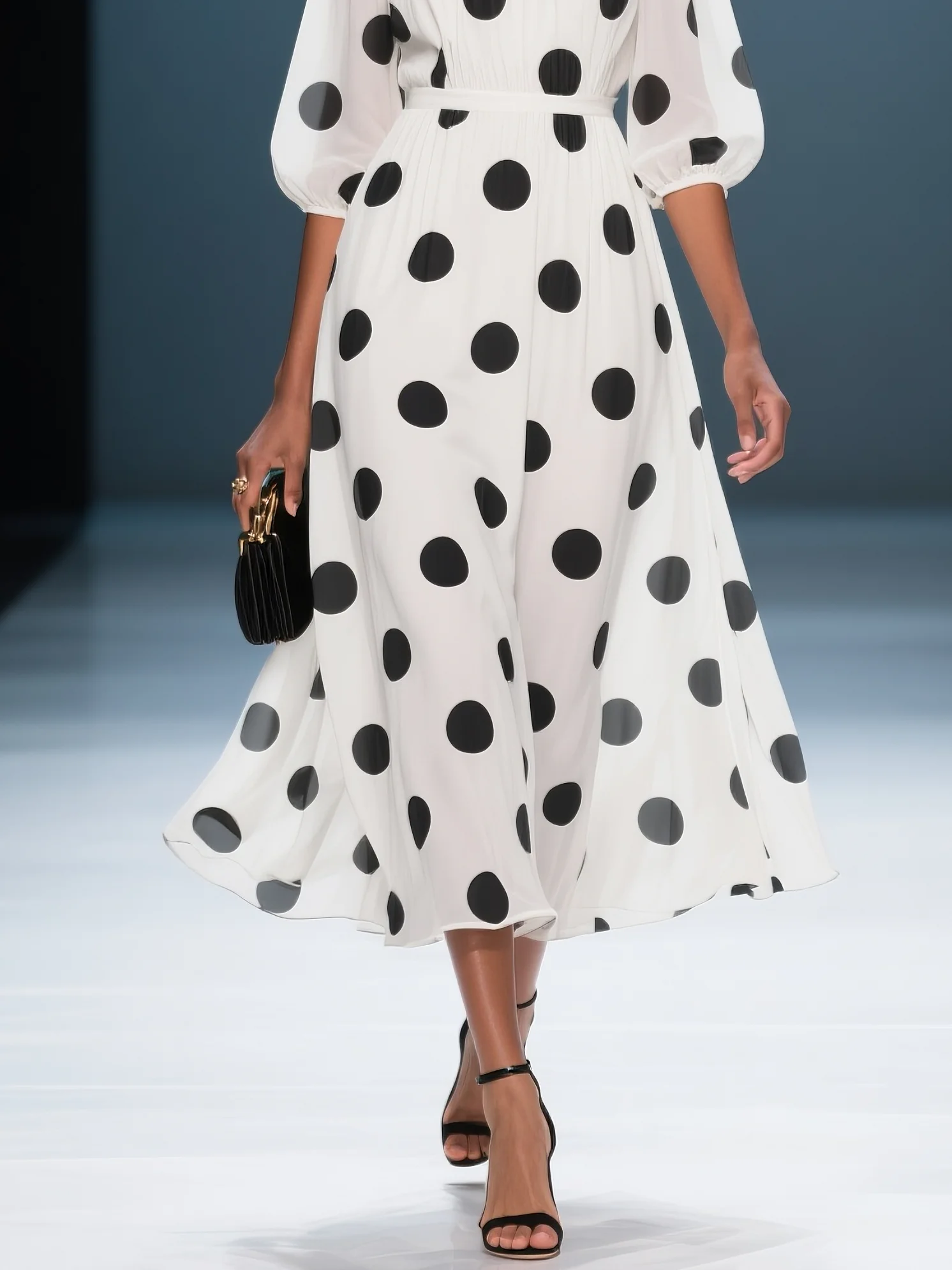 White Ruffled Chiffon Off The Shoulder Half Sleeve Balloon Sleeve A-Line Midi Dress