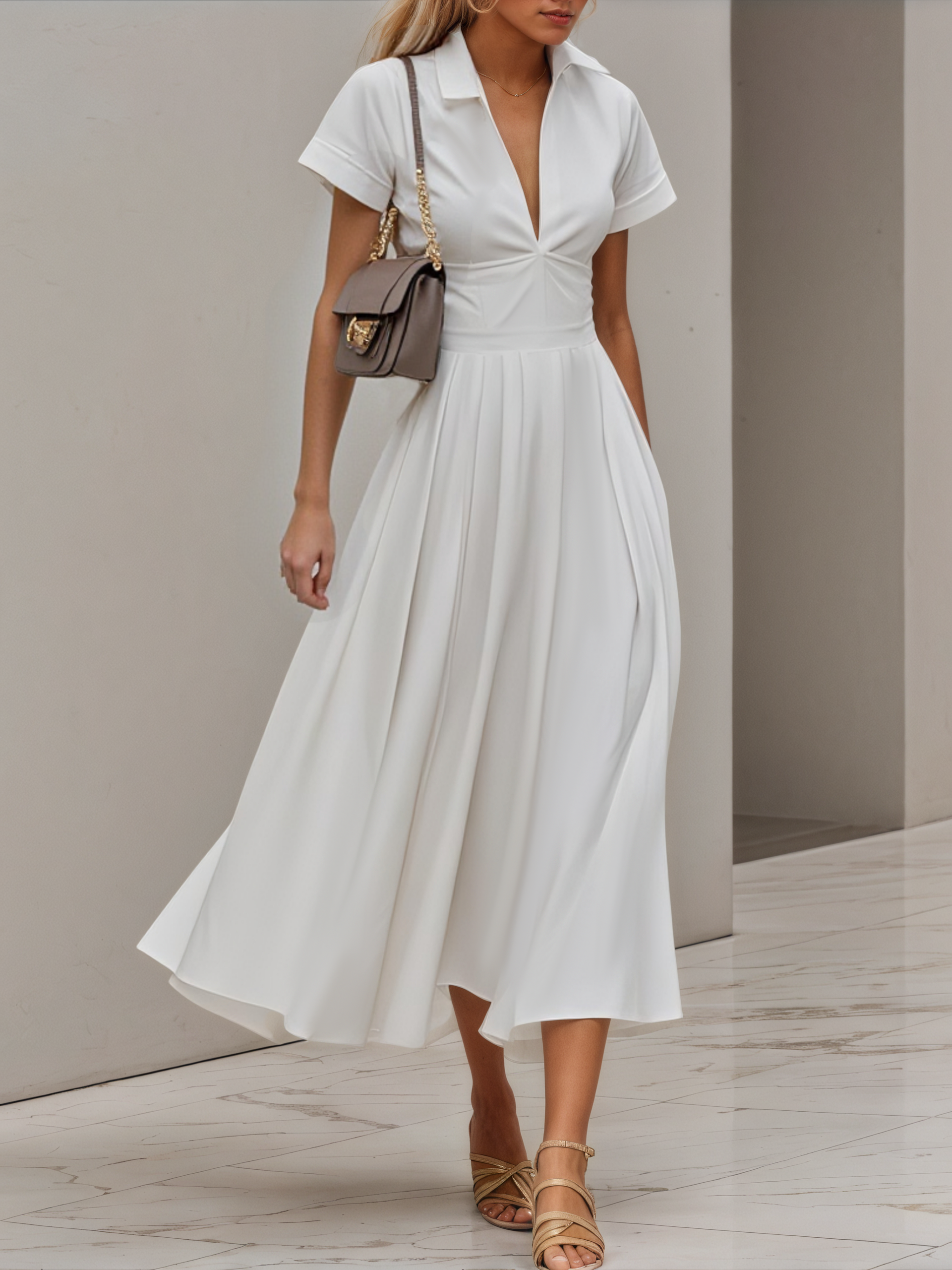 White Shirt Dress Shirt Collar Short Sleeve A-Line Maxi Dress