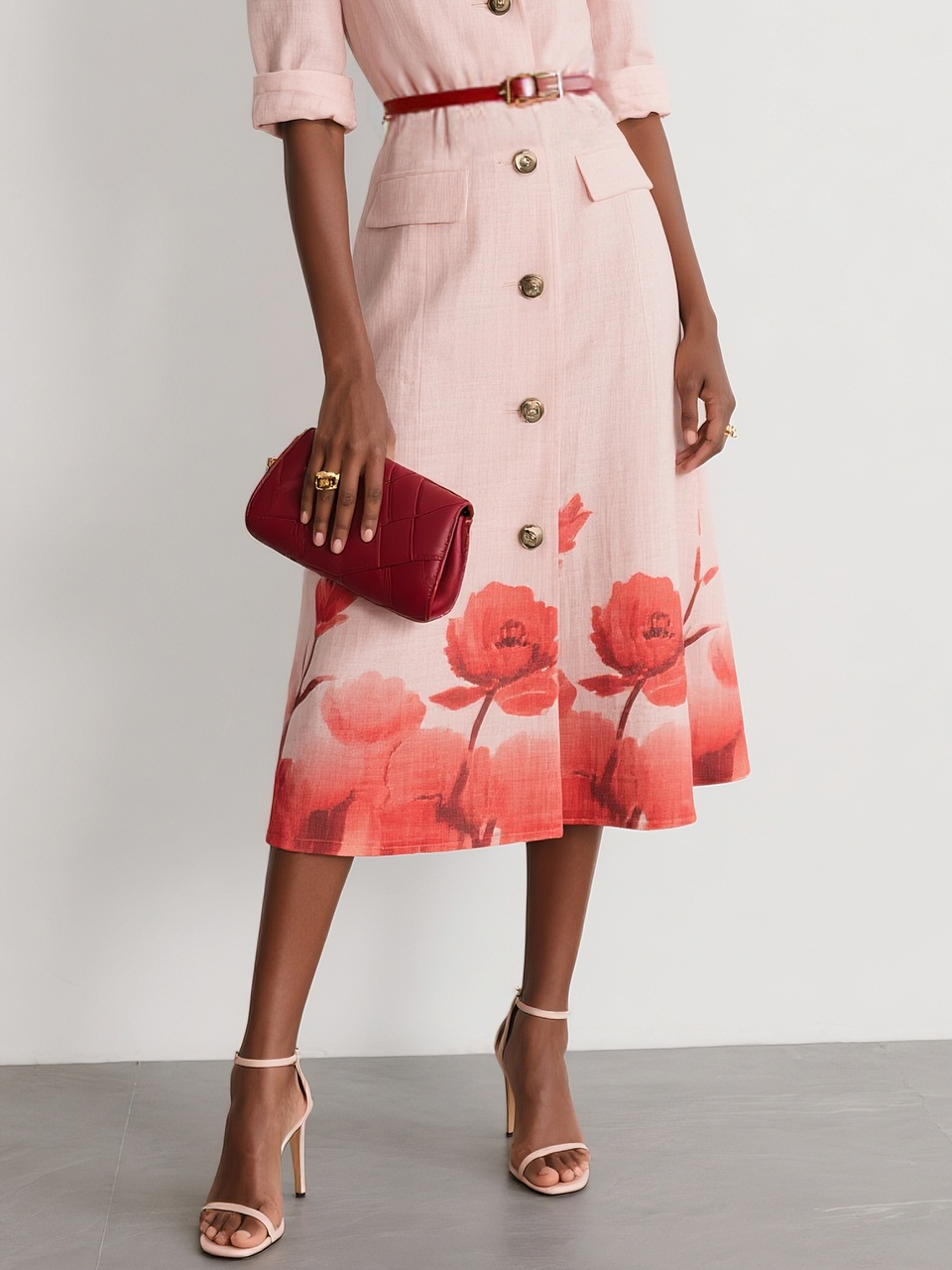 Pink Floral Shirt Dress Lapel Collar Half Sleeve A-Line Midi Dress