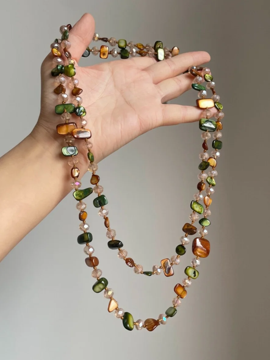 Vintage stackable necklace Bohemian colorful shell beaded double-layer necklace Retro light luxury holiday long necklace