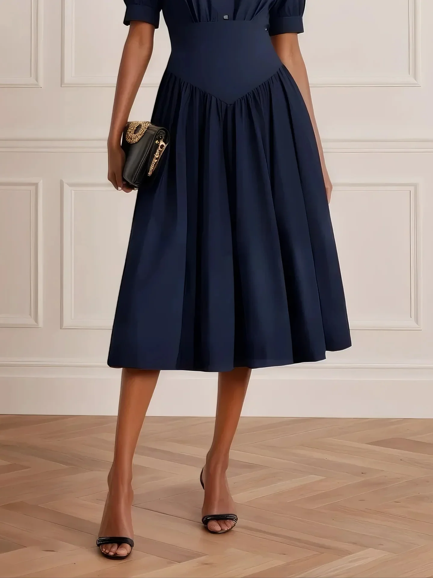 Purplish blue Buckle Gathered Shirt Dress Shirt Collar Short Sleeve A-Line Midi Dress