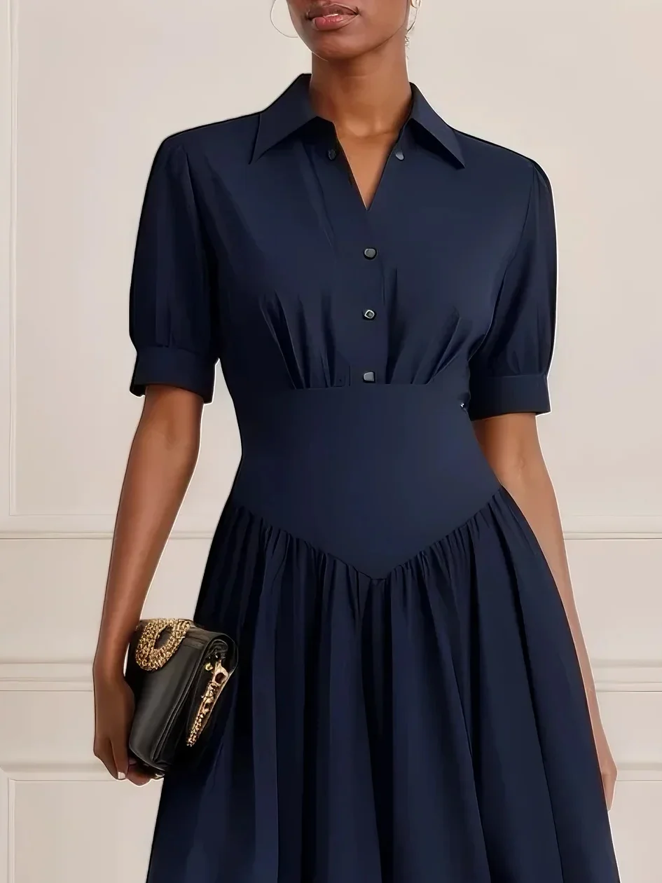 Purplish blue Buckle Gathered Shirt Dress Shirt Collar Short Sleeve A-Line Midi Dress