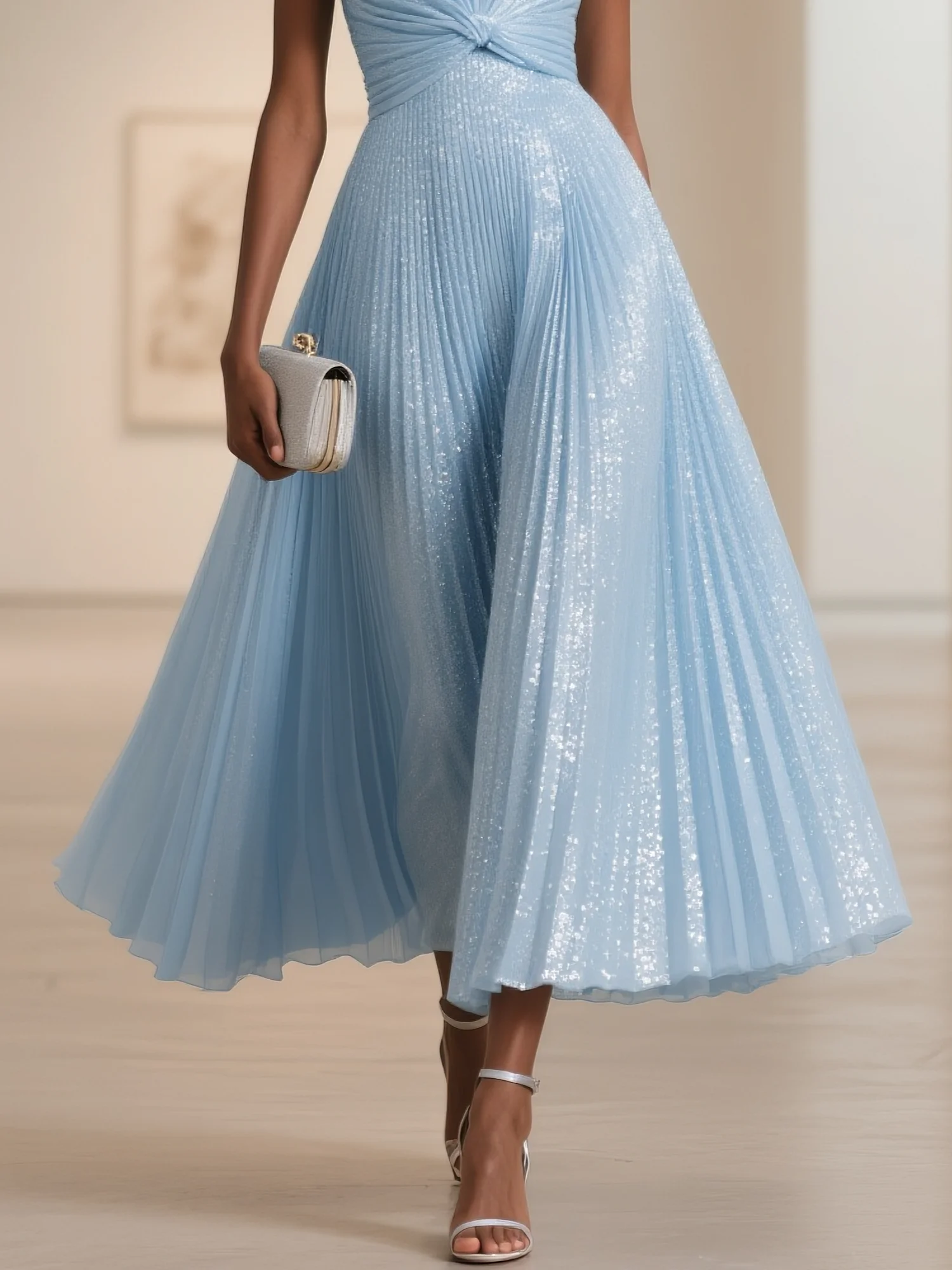 Light Blue Pleated Knot Front Classic V Neck Sleeveless A-Line Midi Dress