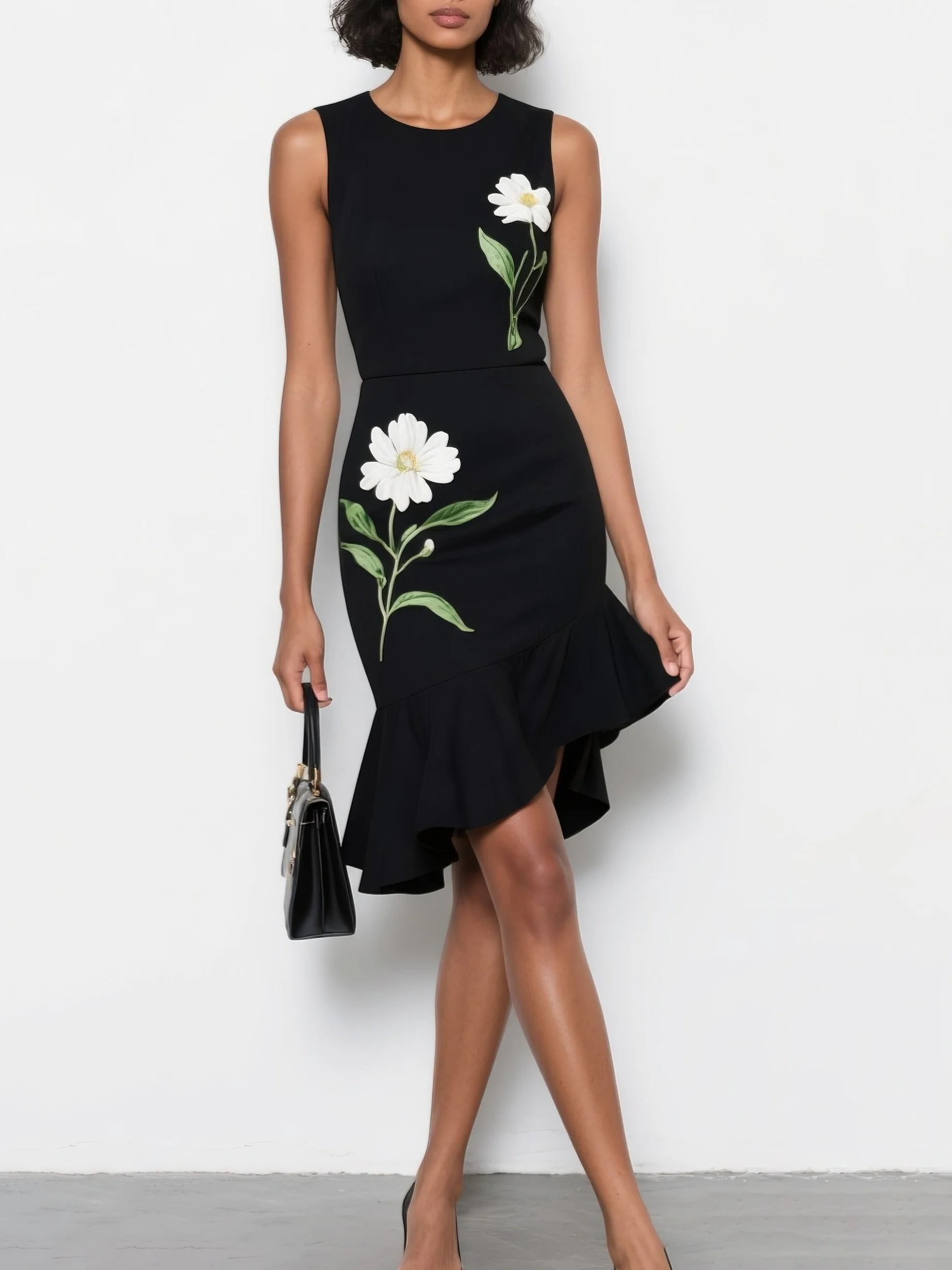 Black Embroidery Floral Classic Crew Neck Sleeveless Mermaid Midi Dress