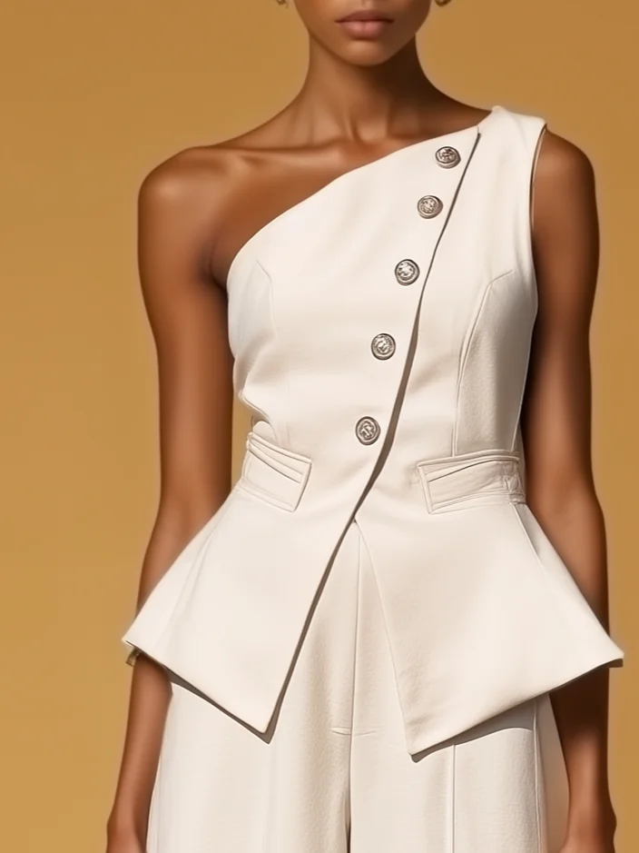 Women White Buckle One Shoulder Sleeveless Urban Jumpsuit