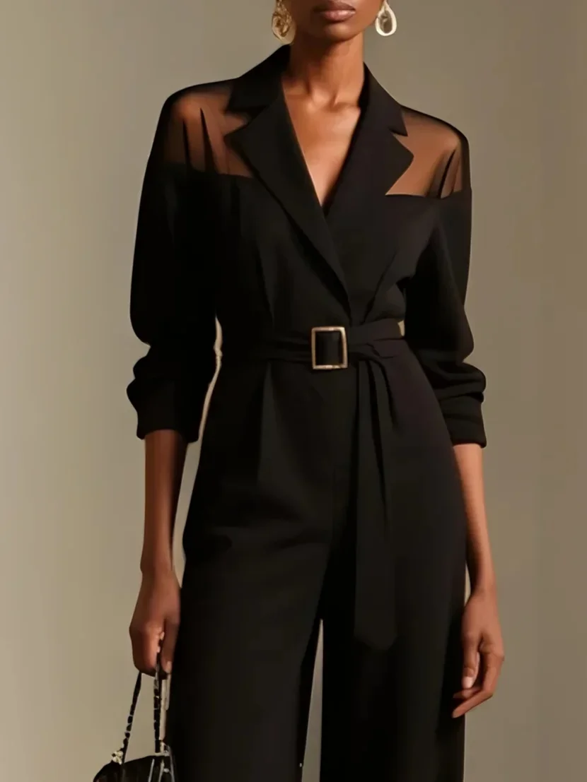 Women Black Mesh Shawl Collar Long Sleeve Dressy Jumpsuit