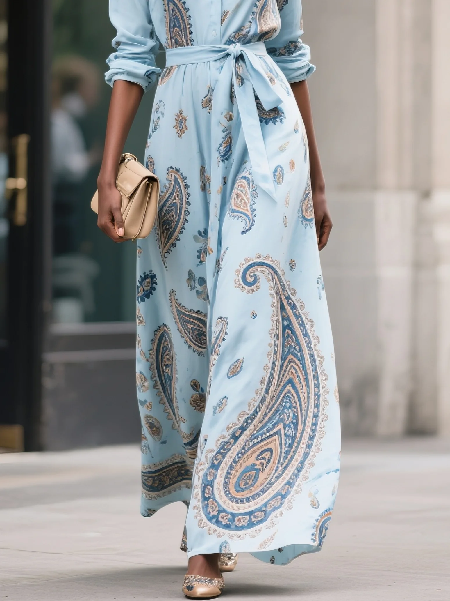 Light Blue Floral Shirt Dress Shirt Collar Long Sleeve A-Line Maxi Dress
