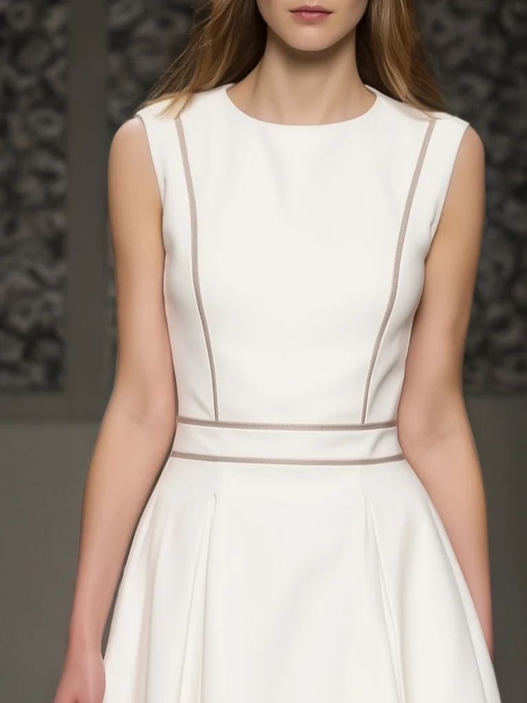 White Split Joint Classic Crew Neck Sleeveless A-Line Midi Dress