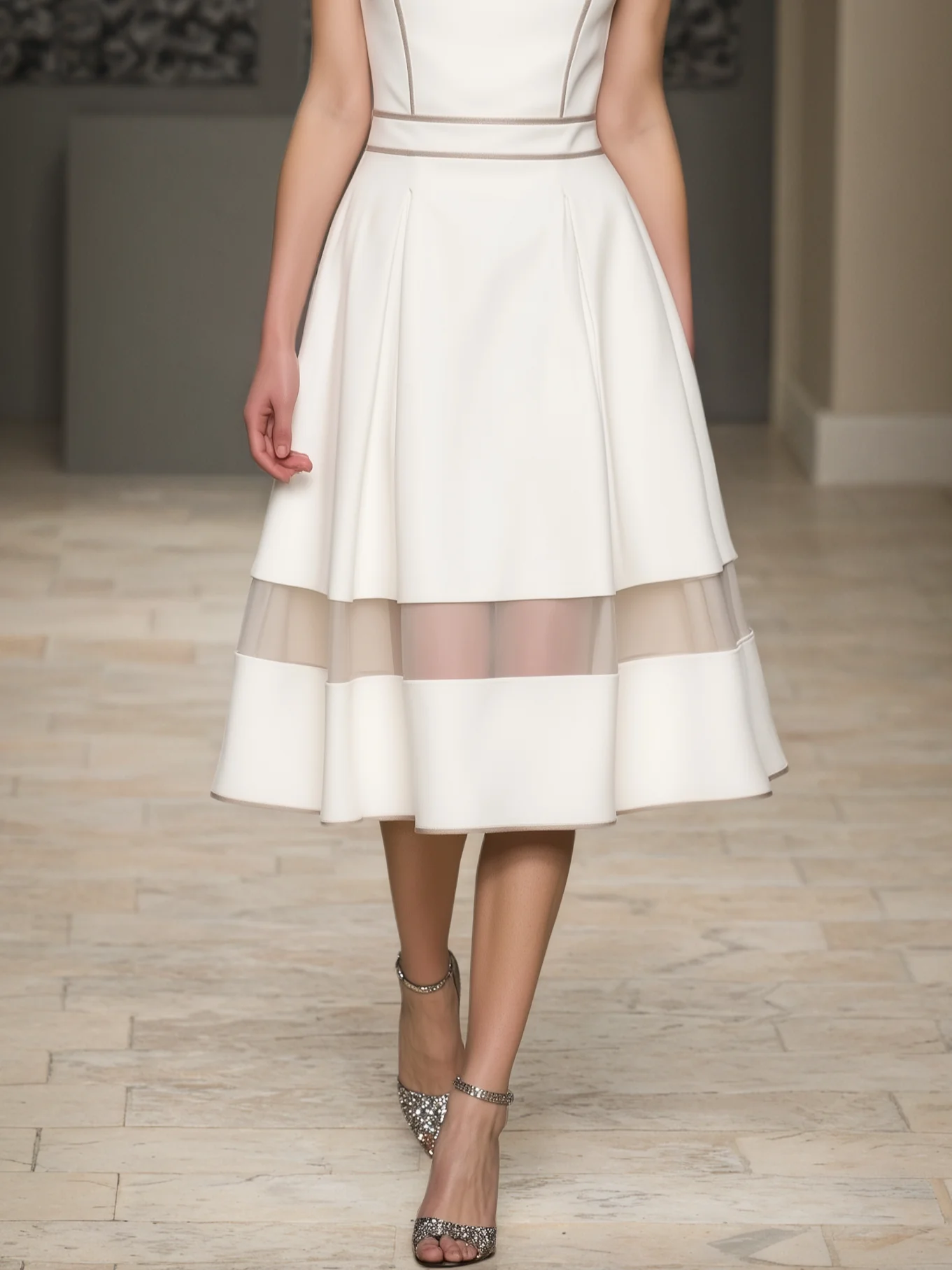 White Split Joint Classic Crew Neck Sleeveless A-Line Midi Dress