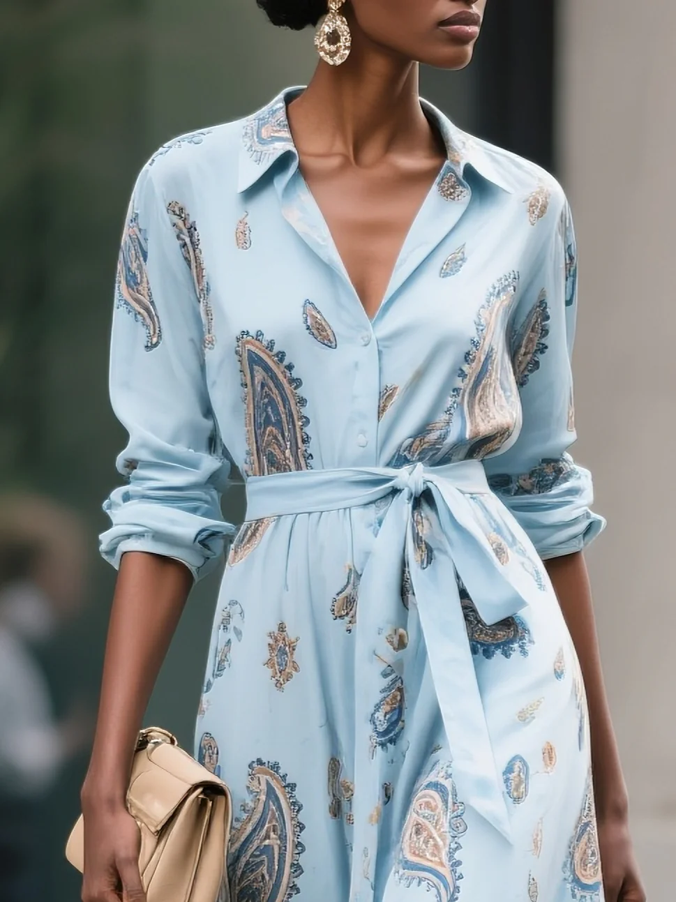 Light Blue Floral Shirt Dress Shirt Collar Long Sleeve A-Line Maxi Dress