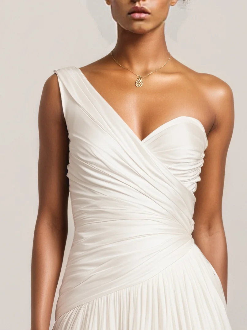 White Ruched Chiffon One Shoulder Sleeveless A-Line Maxi Dress