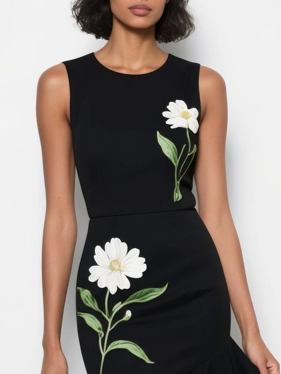 Black Embroidery Floral Classic Crew Neck Sleeveless Mermaid Midi Dress